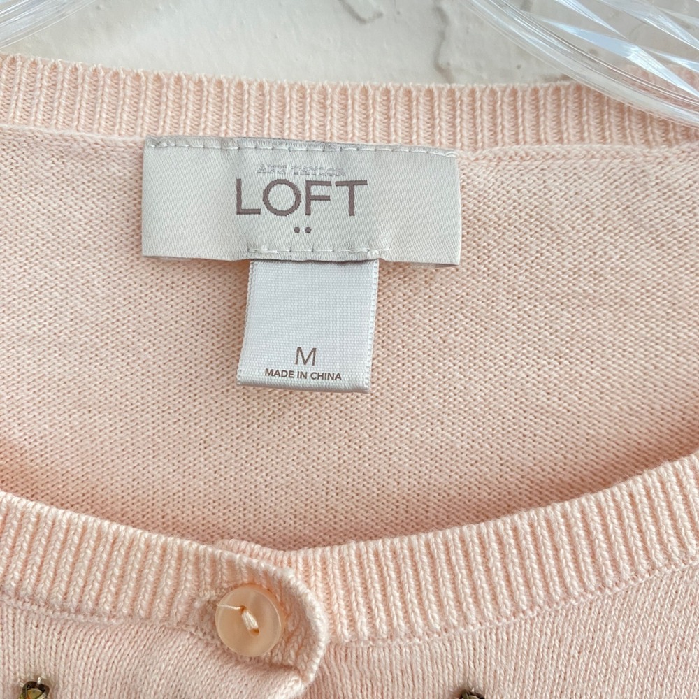 LOFT Soft Girl Coquette Cardigan Sweater M Pink Pearl Rhinestone Embellished - Picture 4 of 7
